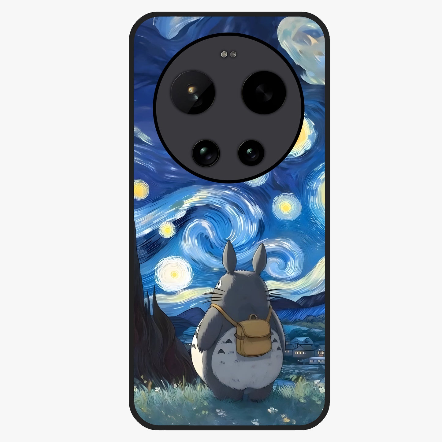 Totoro In Van Gogh Art Glass Case showing flat back view with whimsical character artwork inspired by Van Gogh style and glossy glass finish.