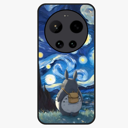 Totoro In Van Gogh Art Glass Case showing flat back view with whimsical character artwork inspired by Van Gogh style and glossy glass finish.
