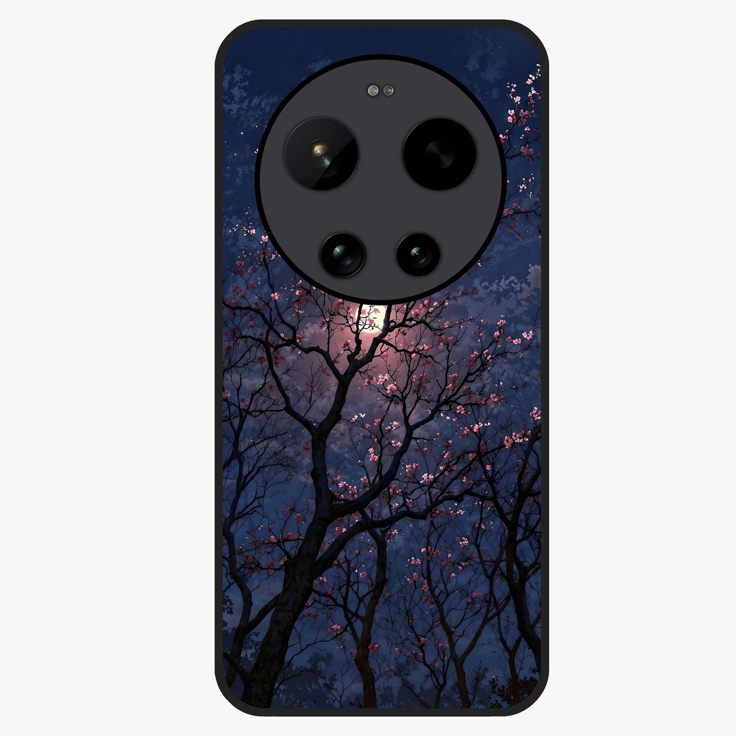 Twilight Sakura Serenade Glass Case showing flat back view with cherry blossom artwork at twilight and glossy glass finish.