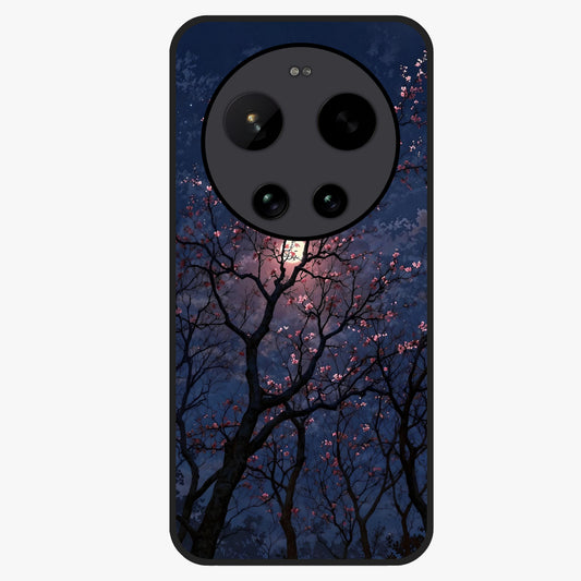 Twilight Sakura Serenade Glass Case showing flat back view with cherry blossom artwork at twilight and glossy glass finish.