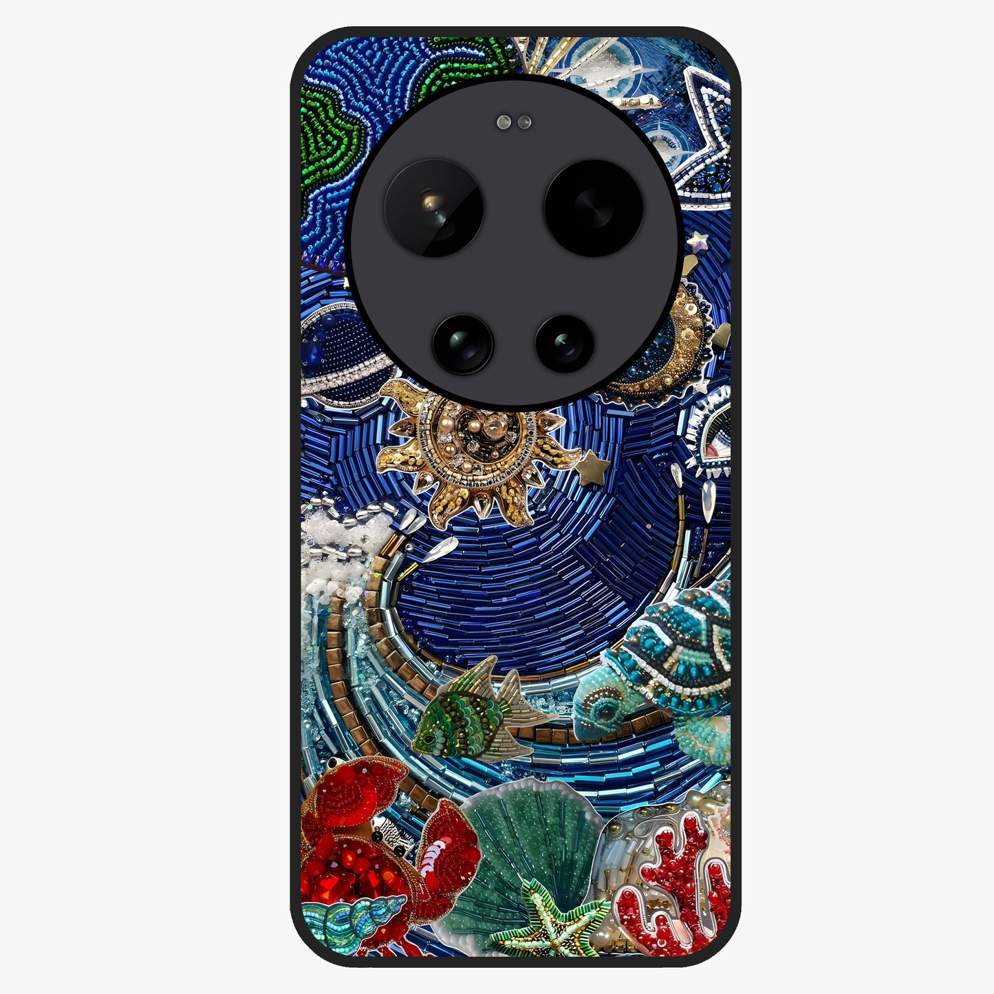 Universe Underwater Spark Glass Case showing flat back view with cosmic underwater themed artwork and glossy glass finish.