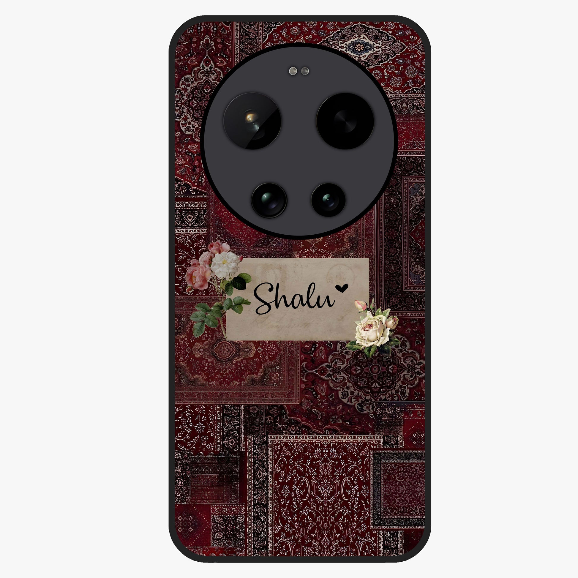 Velvet Wine Pattern Custom Name Glass Case showing flat back view with elegant wine colored pattern artwork and personalized name design.