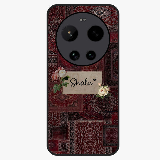 Velvet Wine Pattern Custom Name Glass Case showing flat back view with elegant wine colored pattern artwork and personalized name design.