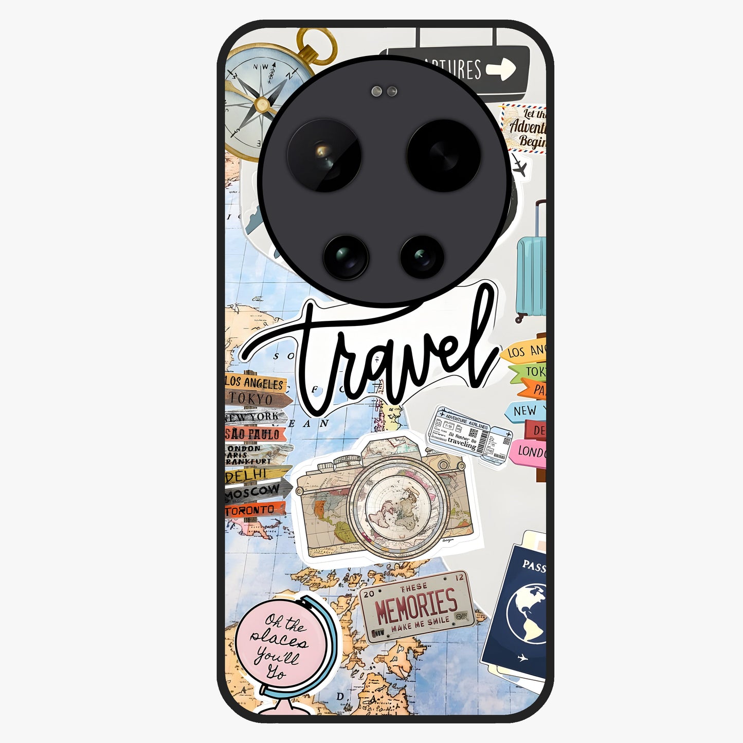 Wanderlust Journal Glass Case showing flat back view with travel inspired artwork and glossy glass finish.