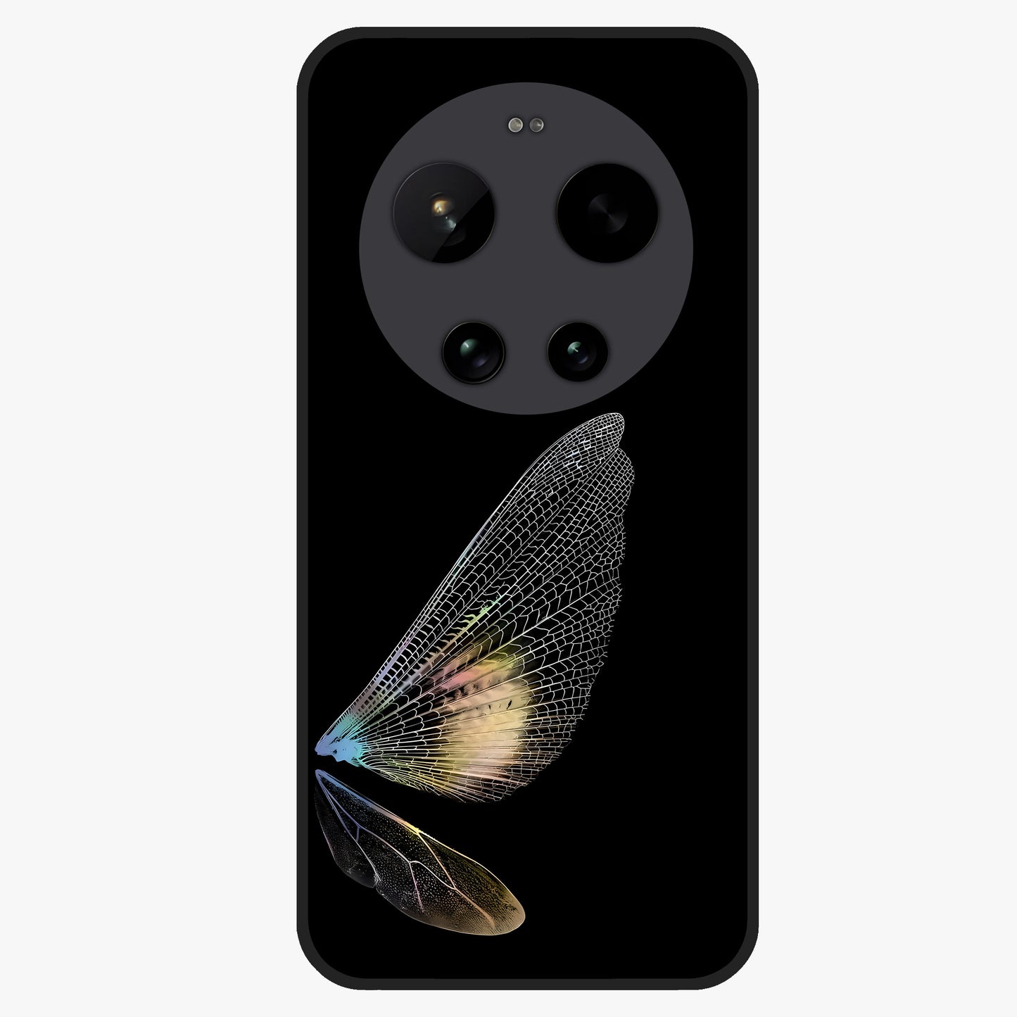 Whispers Of Wings Glass Case showing flat back view with graceful wing inspired artwork and glossy glass finish.