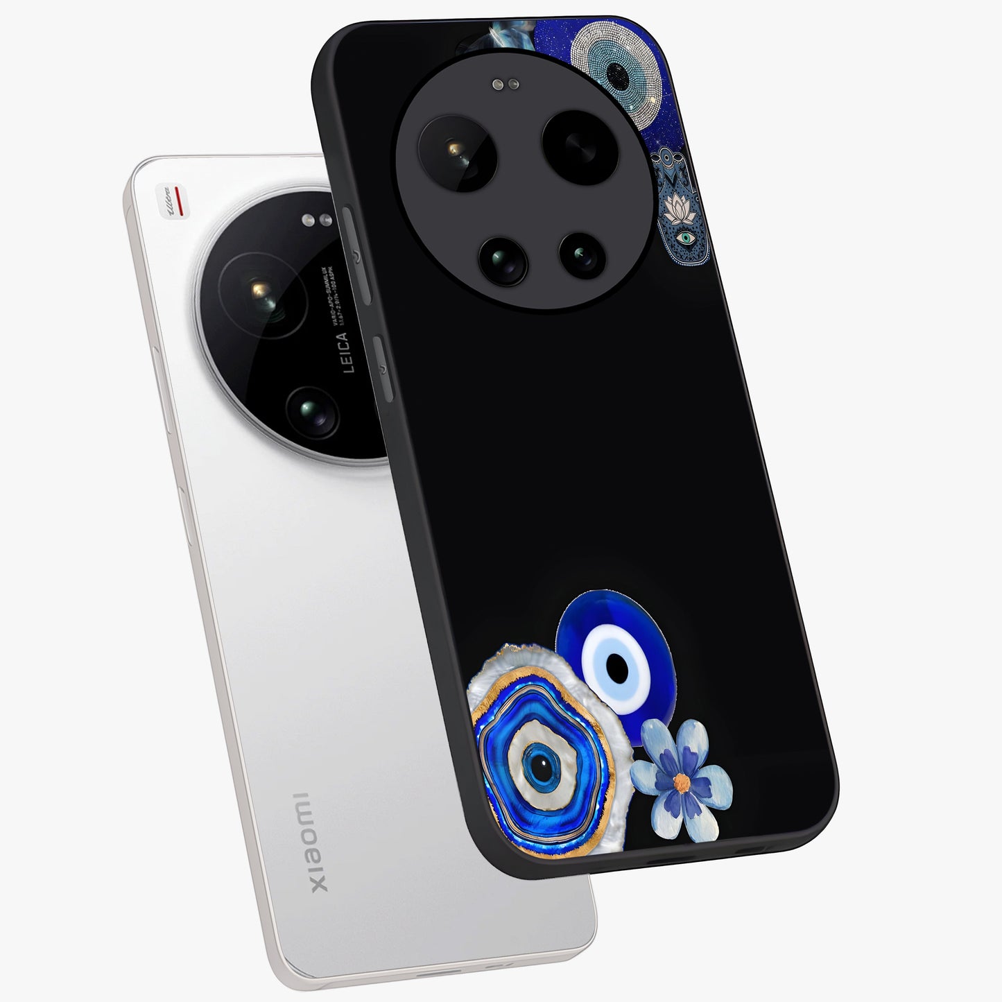 Aesthetic Blue Evil Eye Glass Case displayed in angled mockup highlighting blue evil eye symbol and spiritual aesthetic design.