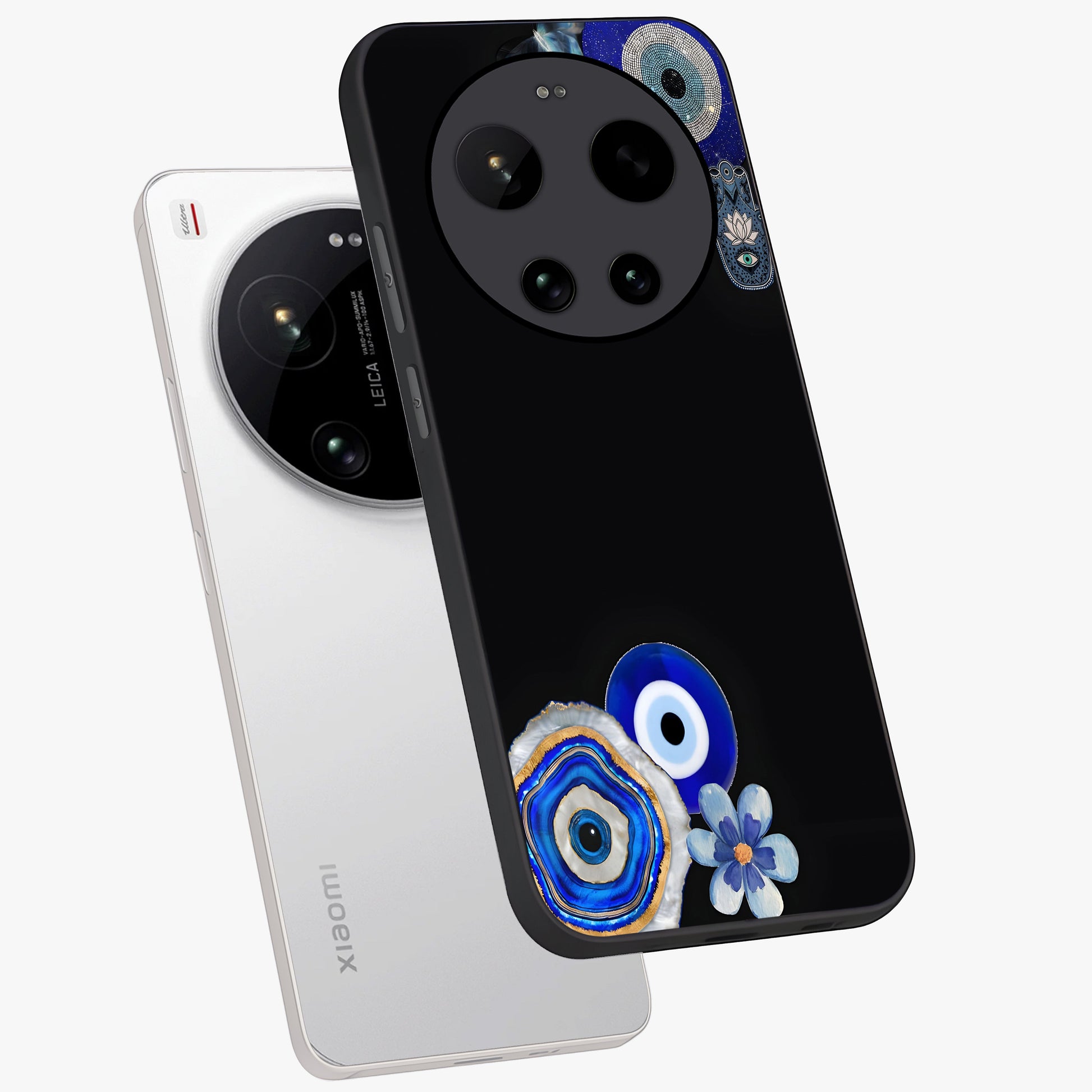 Aesthetic Blue Evil Eye Glass Case displayed in angled mockup highlighting blue evil eye symbol and spiritual aesthetic design.
