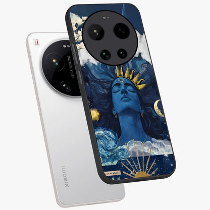 Aesthetic Lord Shiva Glass Case displayed in angled mockup highlighting spiritual Shiva illustration and sacred aesthetic design.