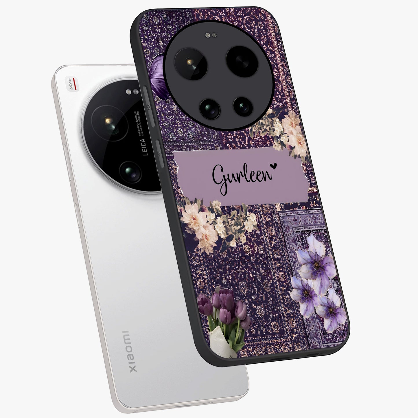 Antique Floral Whisper Custom Name Glass Case displayed in angled mockup highlighting elegant antique floral aesthetic.