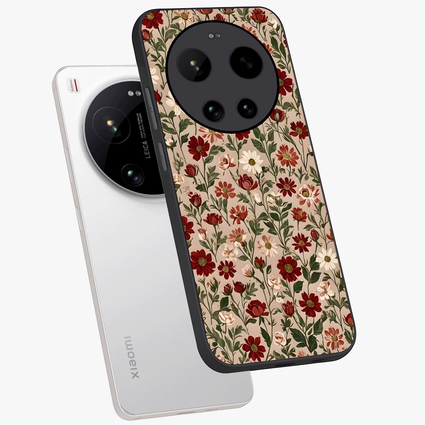 Biege Flower With Leaf Glass Case displayed in angled mockup highlighting minimal floral leaf design and elegant aesthetic.