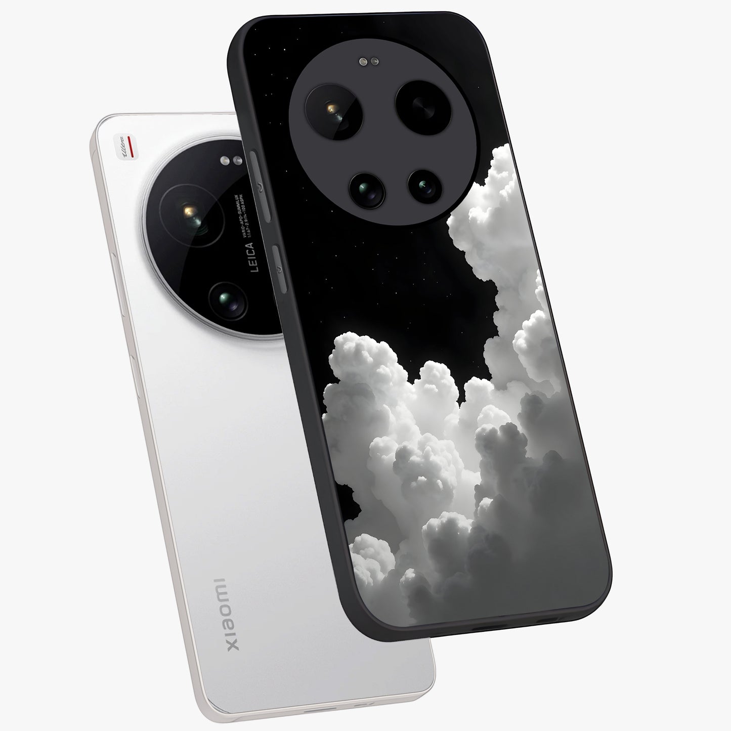 Black Background With White Cloud Glass Case displayed in angled mockup highlighting soft white cloud illustration and minimal design.