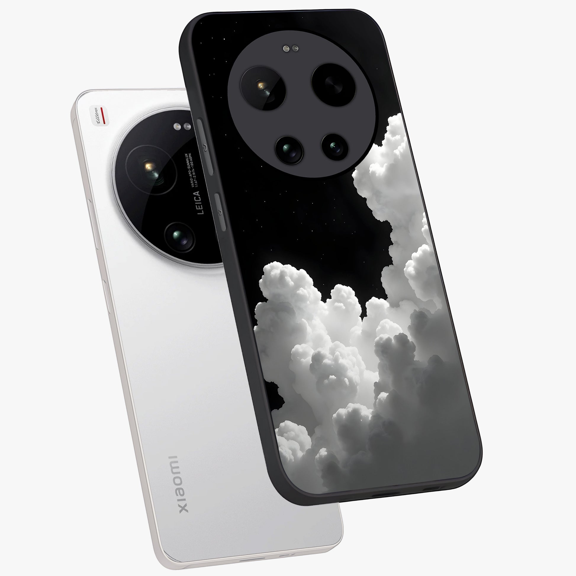 Black Background With White Cloud Glass Case displayed in angled mockup highlighting soft white cloud illustration and minimal design.