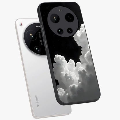 Black Background With White Cloud Glass Case displayed in angled mockup highlighting soft white cloud illustration and minimal design.
