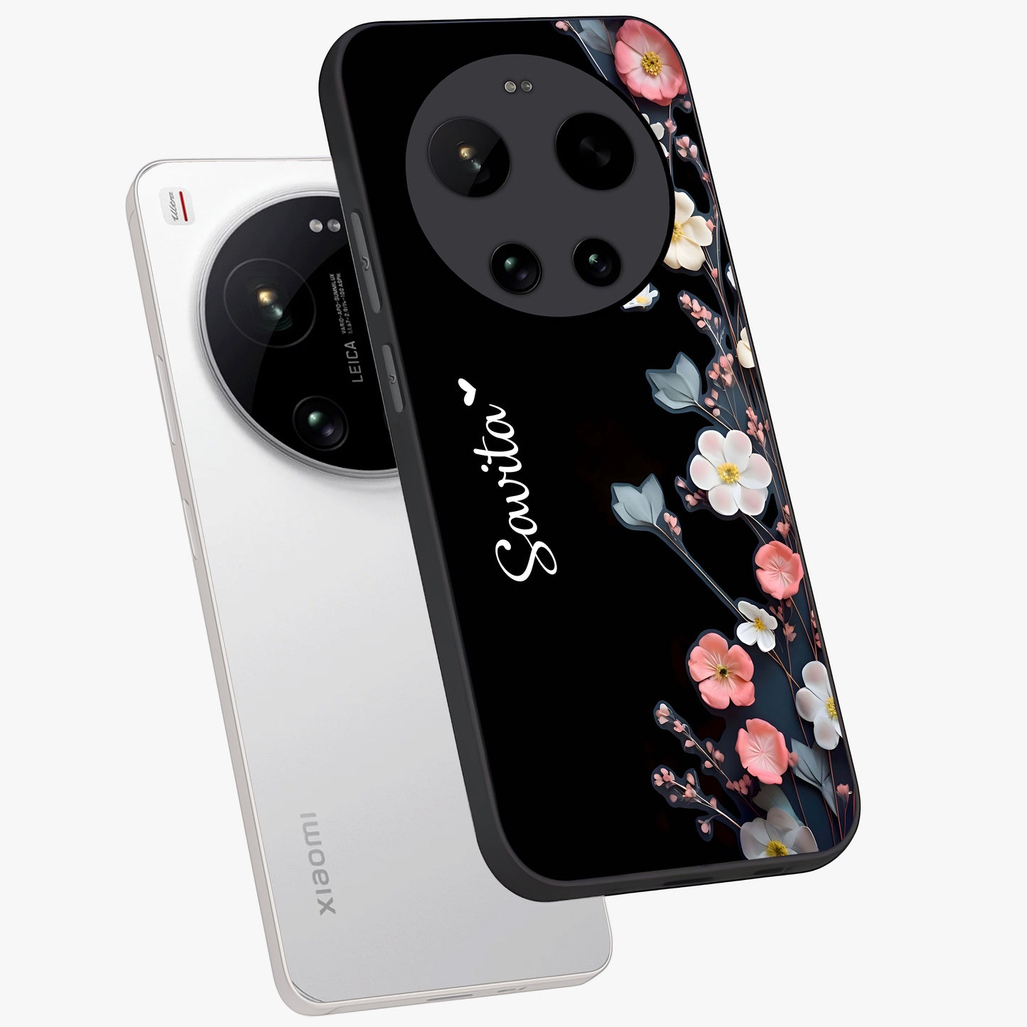 Black Elegance Floral Custom Name Glass Case displayed in angled mockup highlighting dark floral aesthetic and custom name feature.