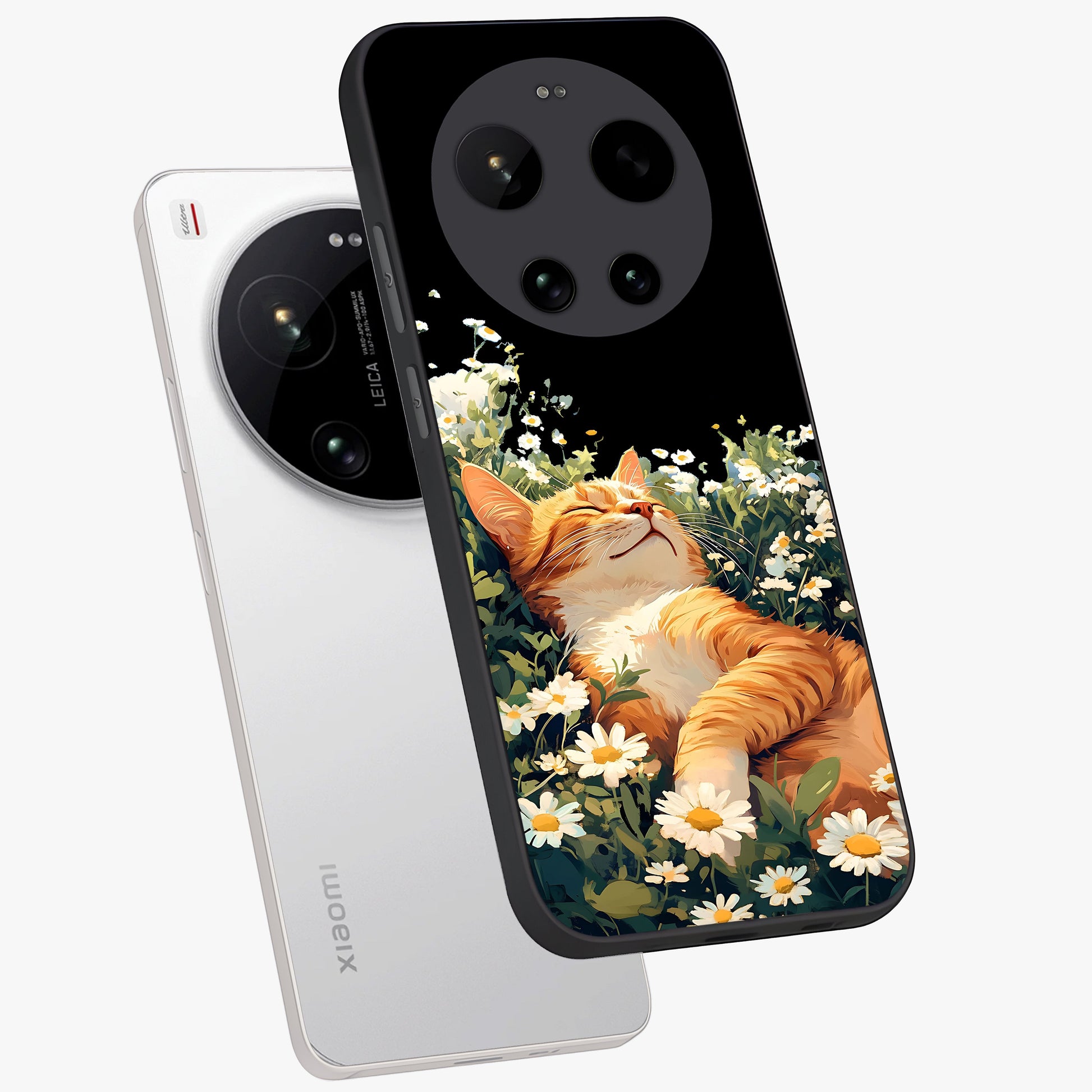 Blissful Bloom Cat Glass Case displayed in angled mockup highlighting playful feline illustration with soft floral aesthetic.