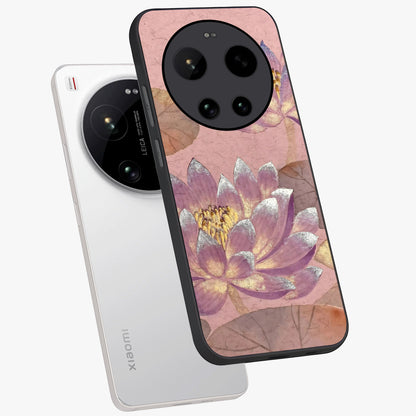Blossom Mist Lotus Glass Case displayed in angled mockup highlighting delicate lotus illustration with calm aesthetic theme.