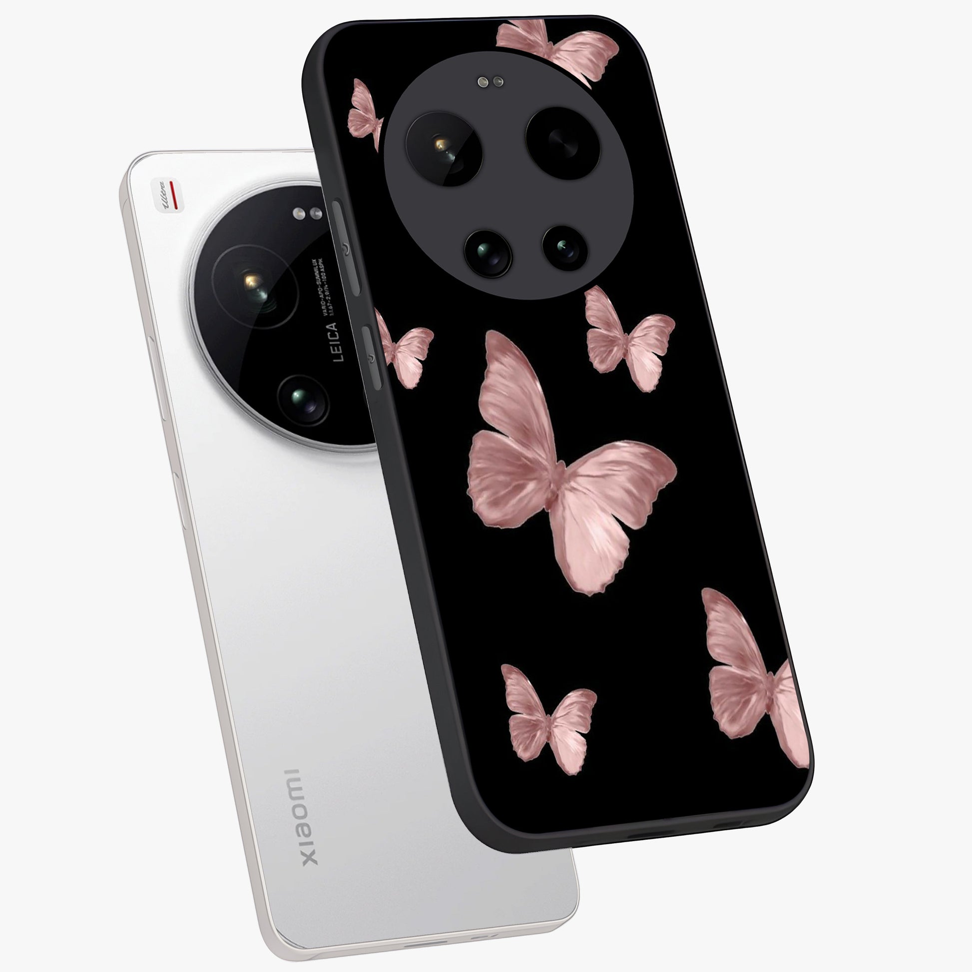 Butterfly Pattern Glass Case displayed in angled mockup highlighting delicate butterfly design and aesthetic pattern style.