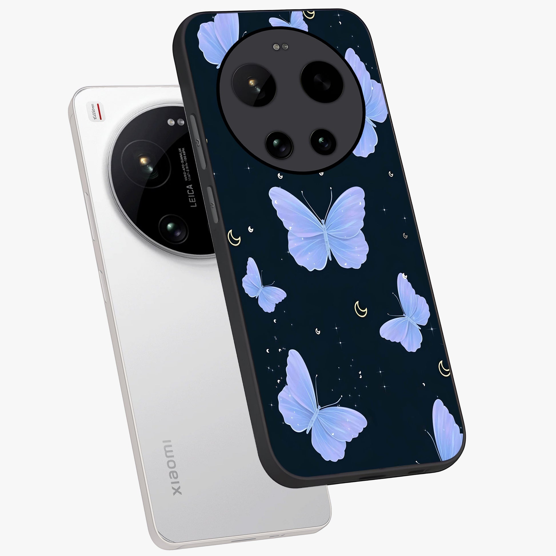 Butterfly With Stars Pattern Glass Case displayed in angled mockup highlighting dreamy butterfly and star design with aesthetic theme.