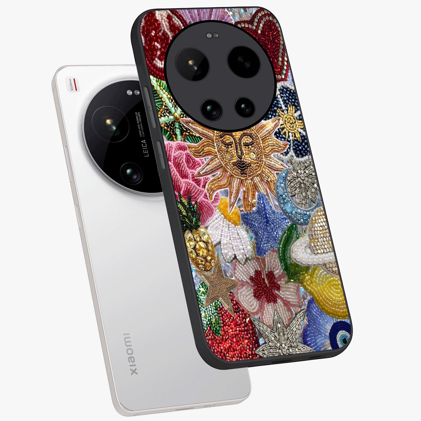 Celestial Floral and Playful Glass Case displayed in angled mockup highlighting playful floral design with dreamy celestial elements.