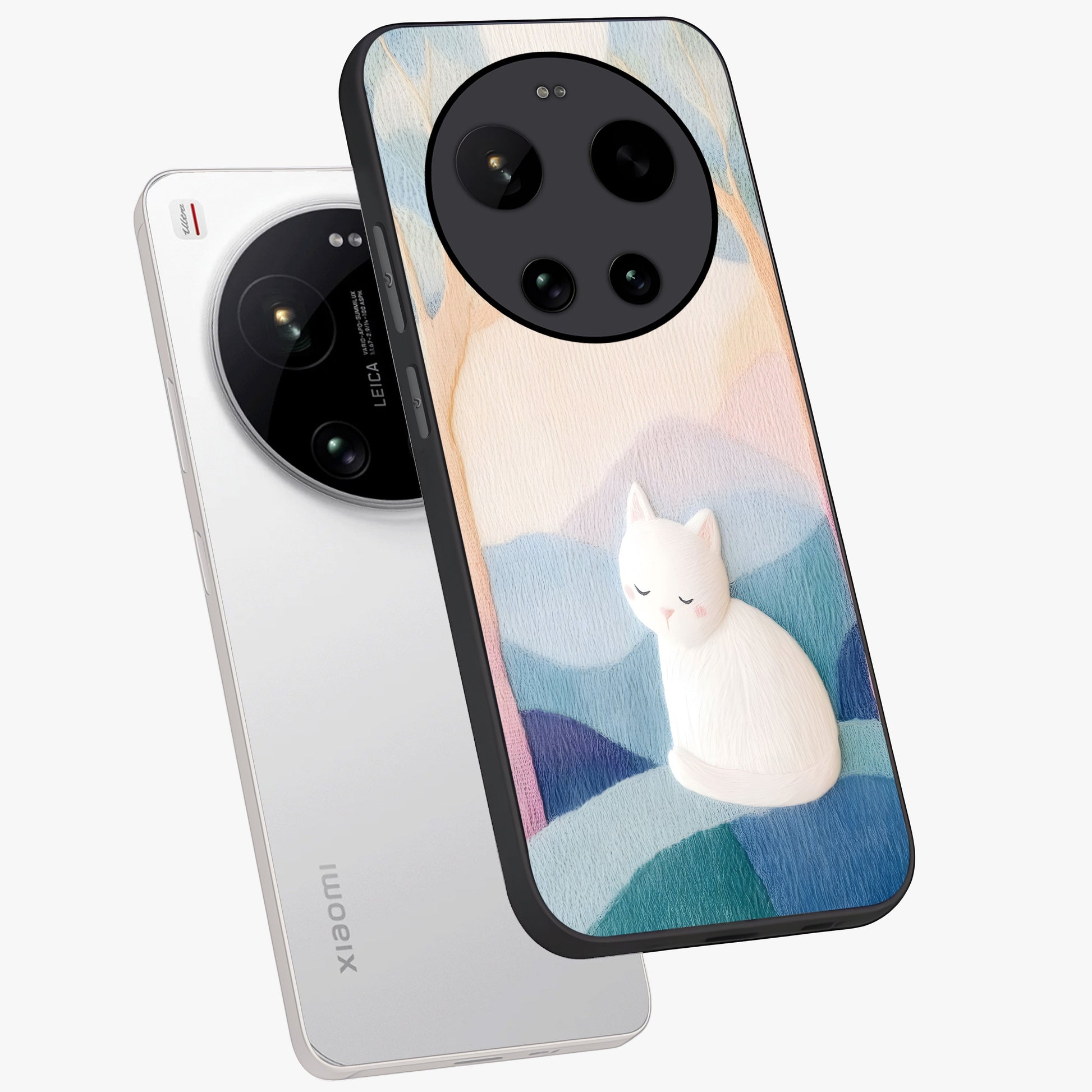 Cotton Dream Cat Glass Case displayed in angled mockup highlighting cute feline illustration with pastel aesthetic style.