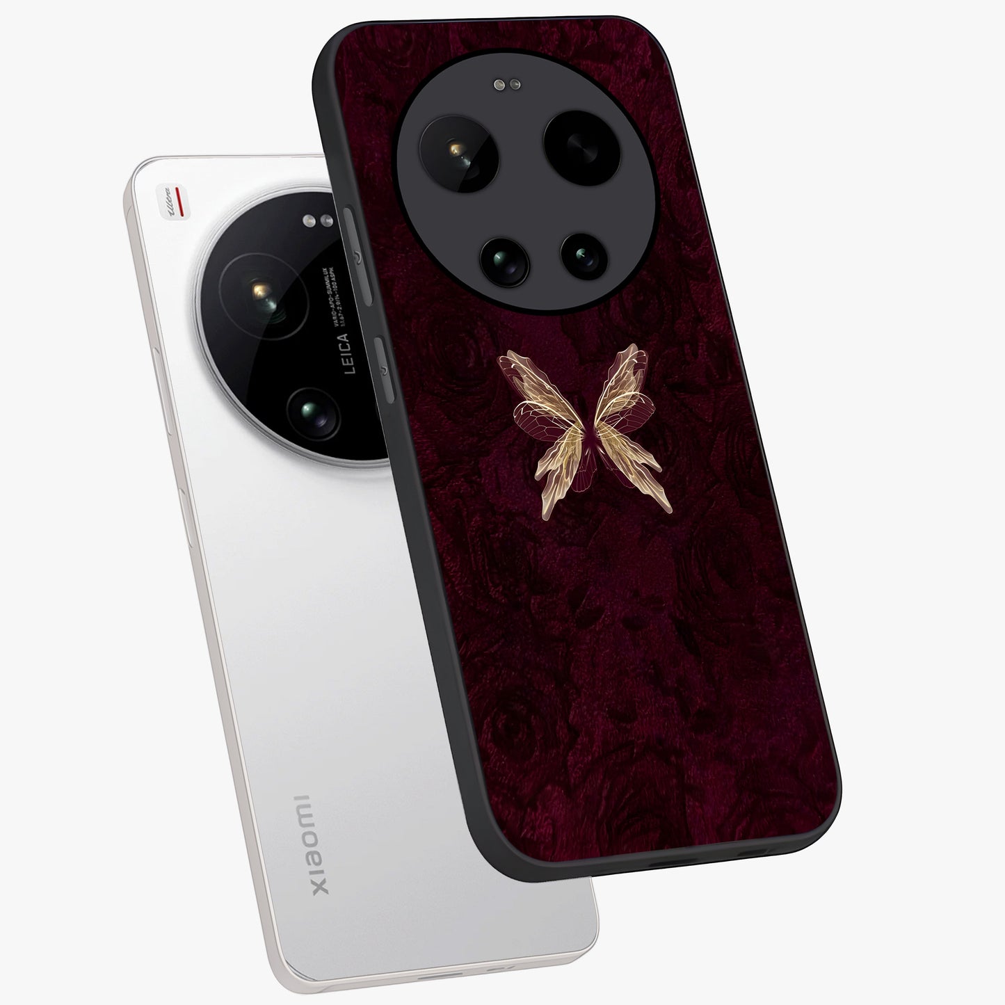 Crimson Fade Butterfly Glass Case displayed in angled mockup highlighting elegant butterfly design with crimson gradient aesthetic.