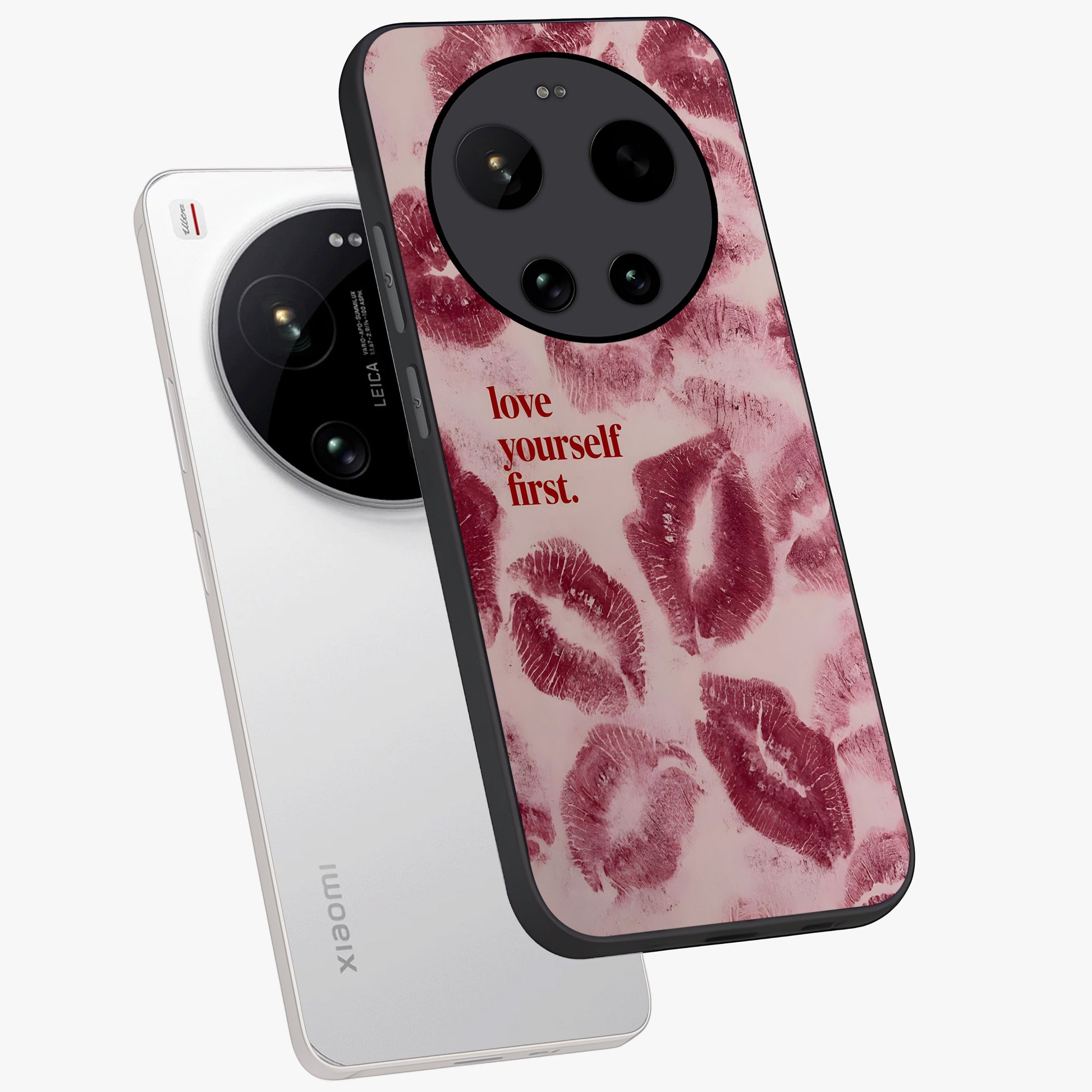 Crimson Kiss Love Glass Case displayed in angled mockup highlighting bold love inspired design with modern aesthetic style.