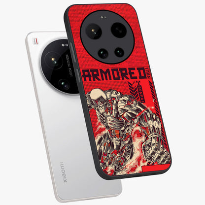 Crimson Mecha Titan Glass Case displayed in angled mockup highlighting futuristic mech illustration with bold crimson aesthetic.