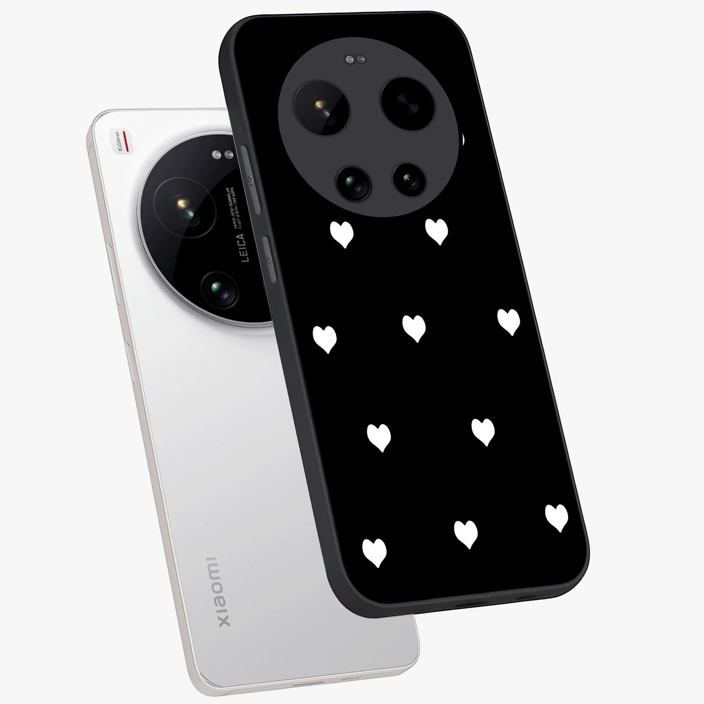 Cute And Simple White Hearts Glass Case displayed in angled mockup highlighting cute heart design with clean aesthetic style.