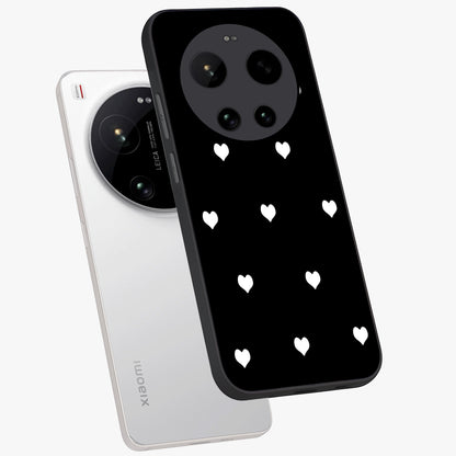 Cute And Simple White Hearts Glass Case displayed in angled mockup highlighting cute heart design with clean aesthetic style.