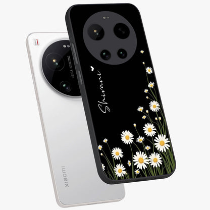 Daisy Cascade Custom Name Glass Case displayed in angled mockup highlighting delicate daisy artwork with custom name feature.