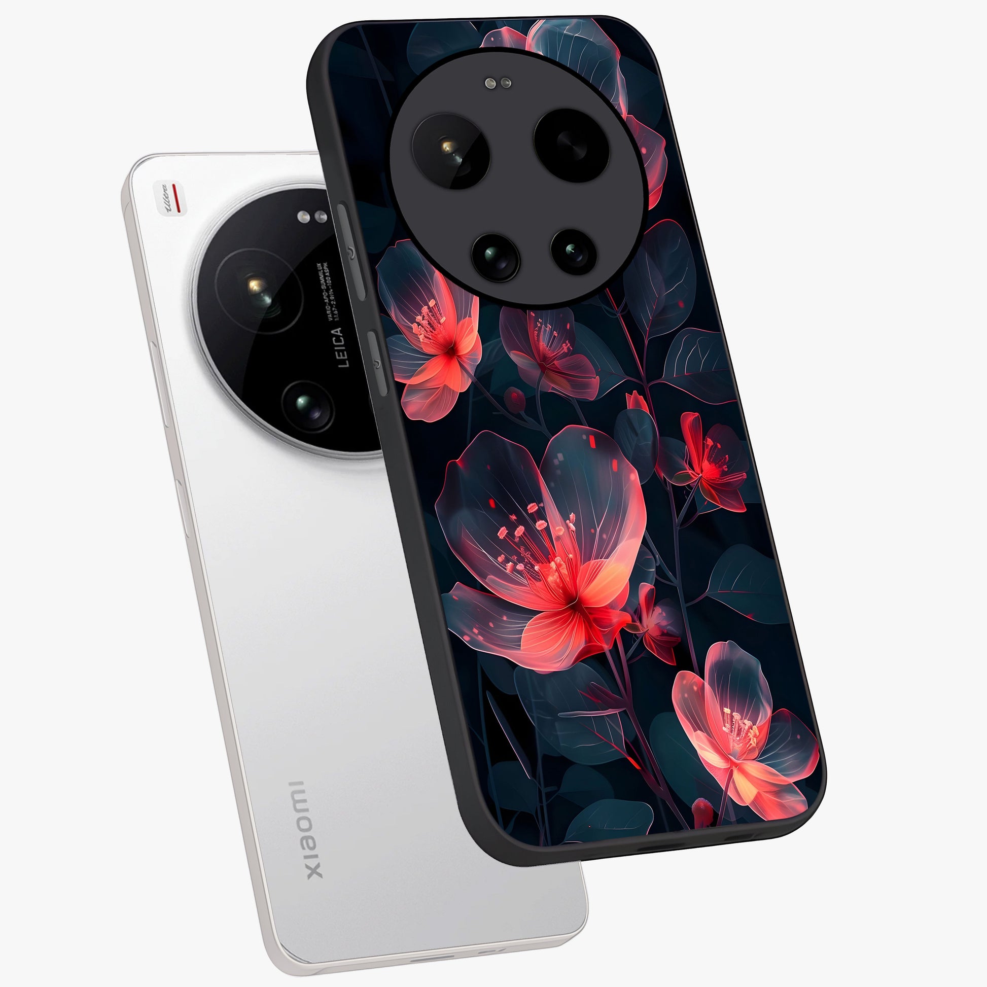 Dark Shade of Flower Glass Case displayed in angled mockup highlighting moody floral illustration with aesthetic dark tones.