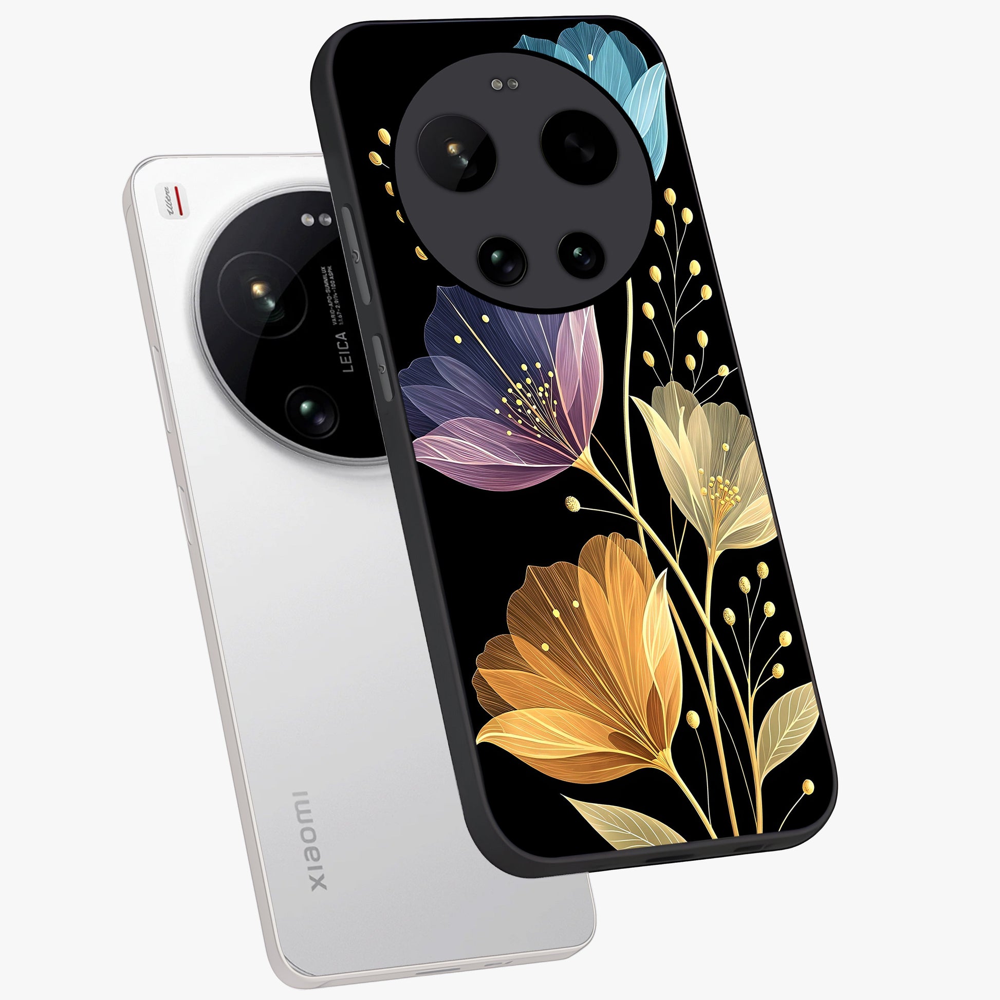 Delicate Multicolor Flowers Glass Case displayed in angled mockup highlighting colorful flower pattern with soft aesthetic style.