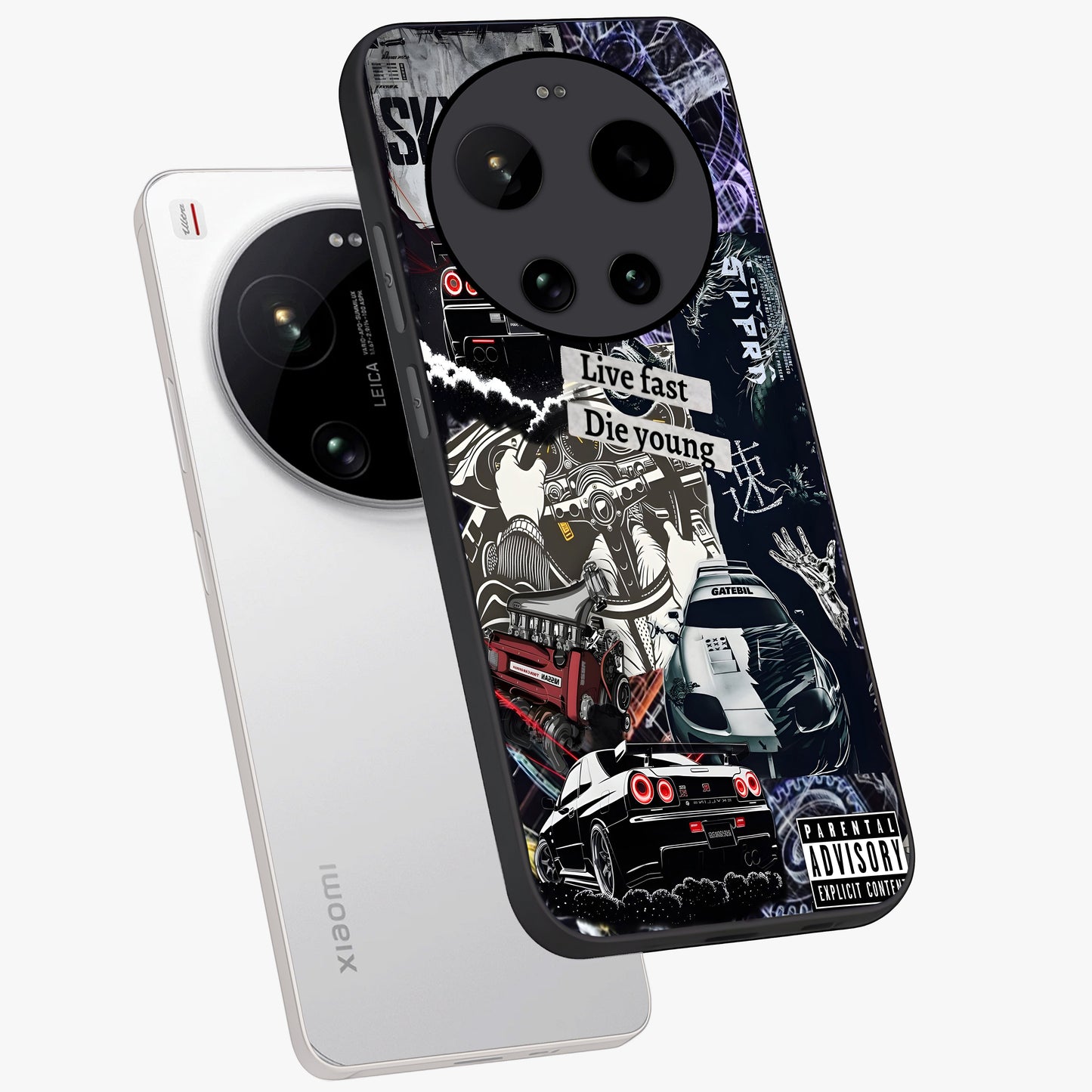 Die Young Glass Case displayed in angled mockup highlighting expressive graphic artwork with edgy aesthetic style.