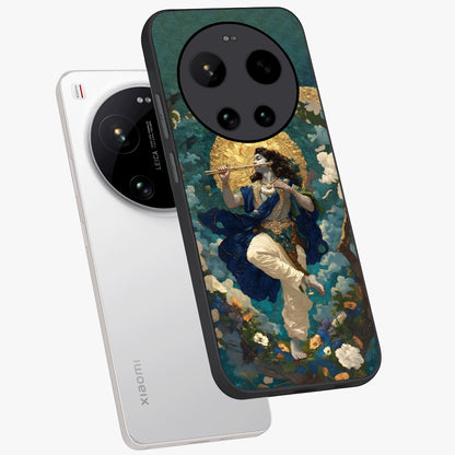 Divine Krishna Art Glass Case displayed in angled mockup highlighting spiritual Krishna illustration with devotional aesthetic.