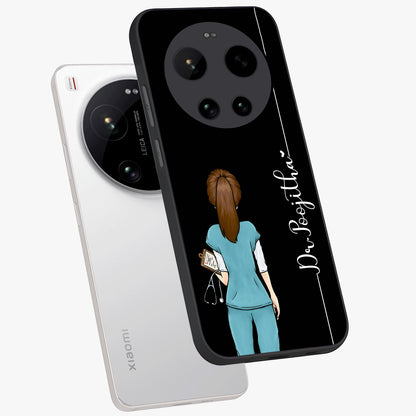Doctor Pattern Custom Name Glass Case displayed in angled mockup highlighting doctor inspired artwork with custom name feature.