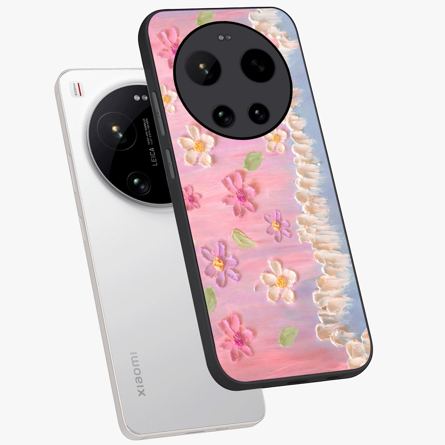 Dreamy Painted Garden Glass Case displayed in angled mockup highlighting colorful garden illustration with dreamy aesthetic style.