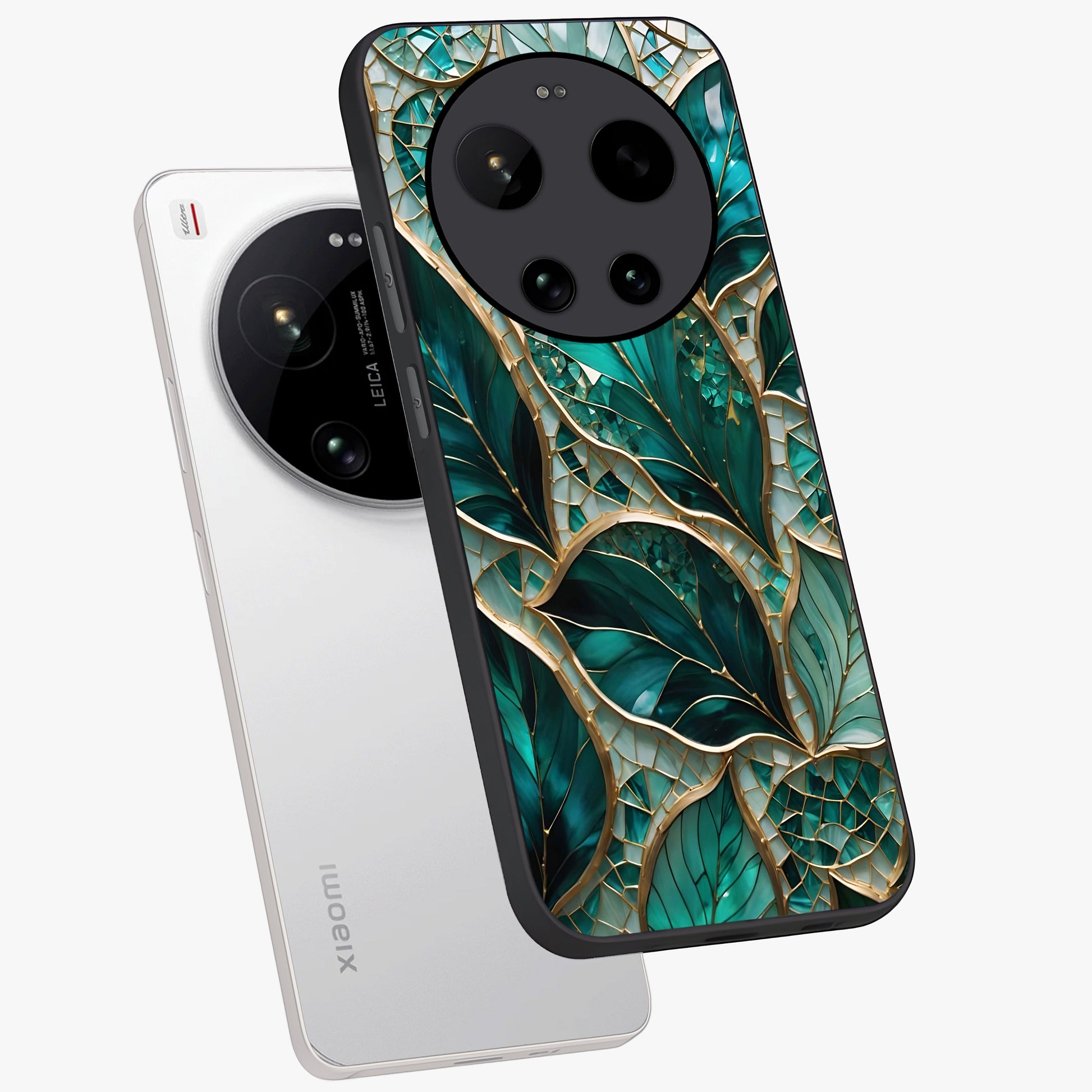 Emerald Leaf Glass Glass Case displayed in angled mockup highlighting botanical leaf illustration with elegant natural aesthetic.
