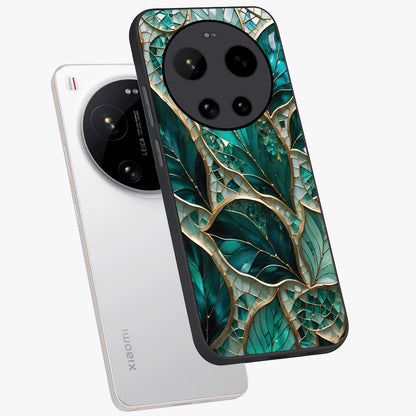 Emerald Leaf Glass Glass Case displayed in angled mockup highlighting botanical leaf illustration with elegant natural aesthetic.
