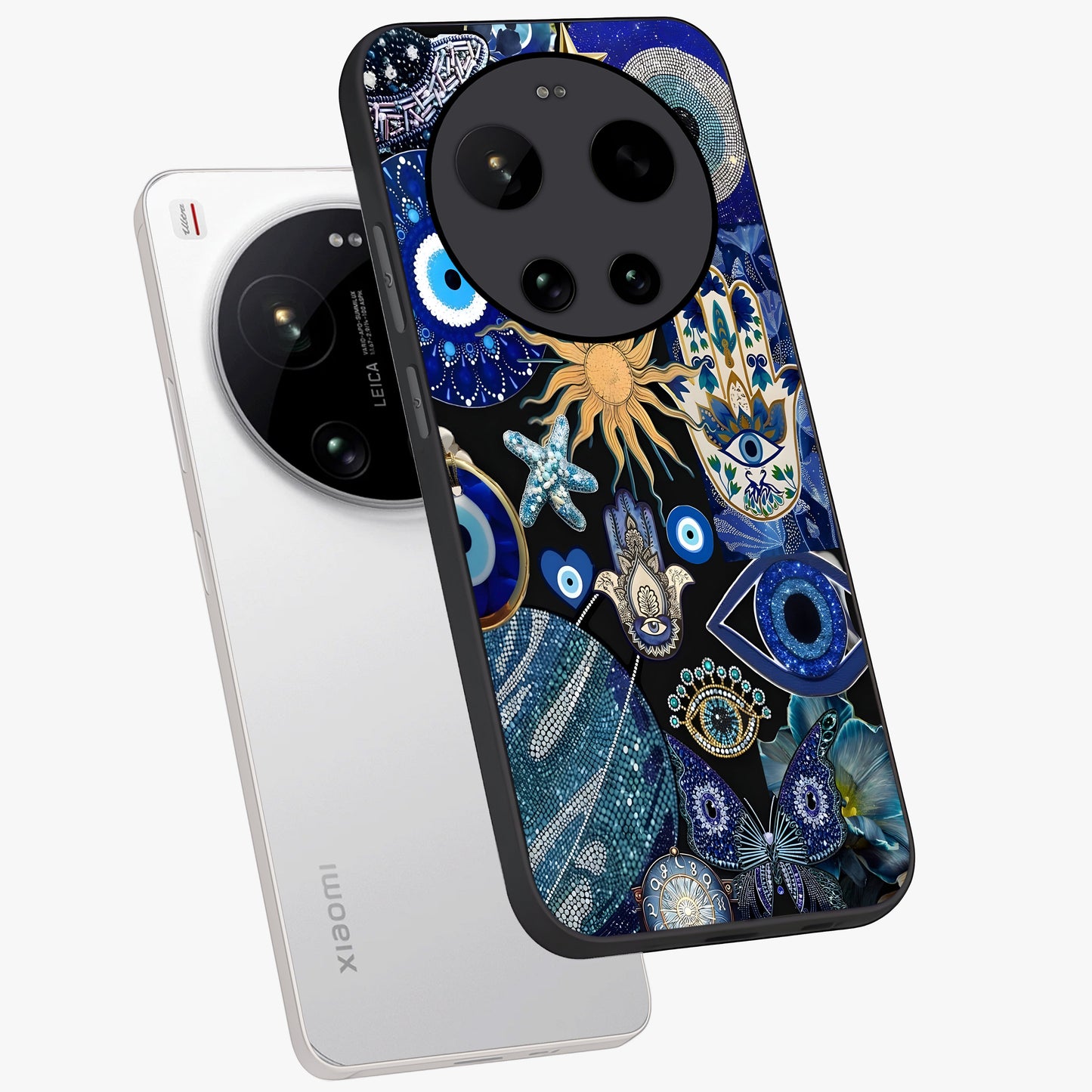 Evil Eye Charm Mix Glass Case displayed in angled mockup highlighting protective evil eye symbols with spiritual aesthetic design.