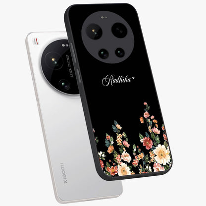 Floral Design With a Custom Personalized Name Glass Case displayed in angled mockup highlighting elegant floral pattern with custom name feature.