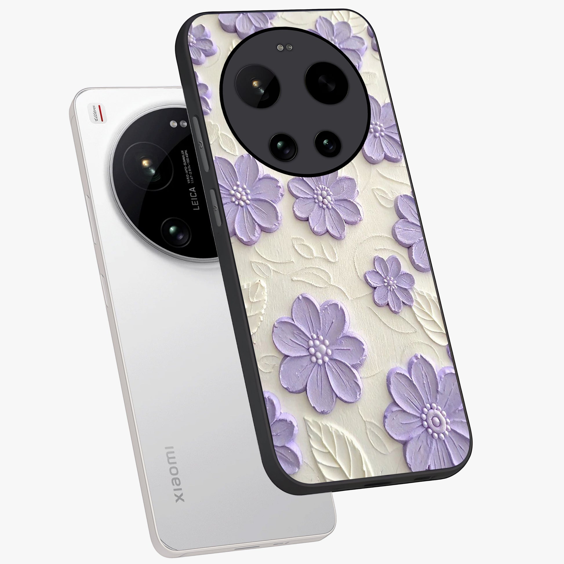 Floral Wall Art With Purple Flowers Glass Case displayed in angled mockup highlighting vibrant purple floral illustration with artistic aesthetic.