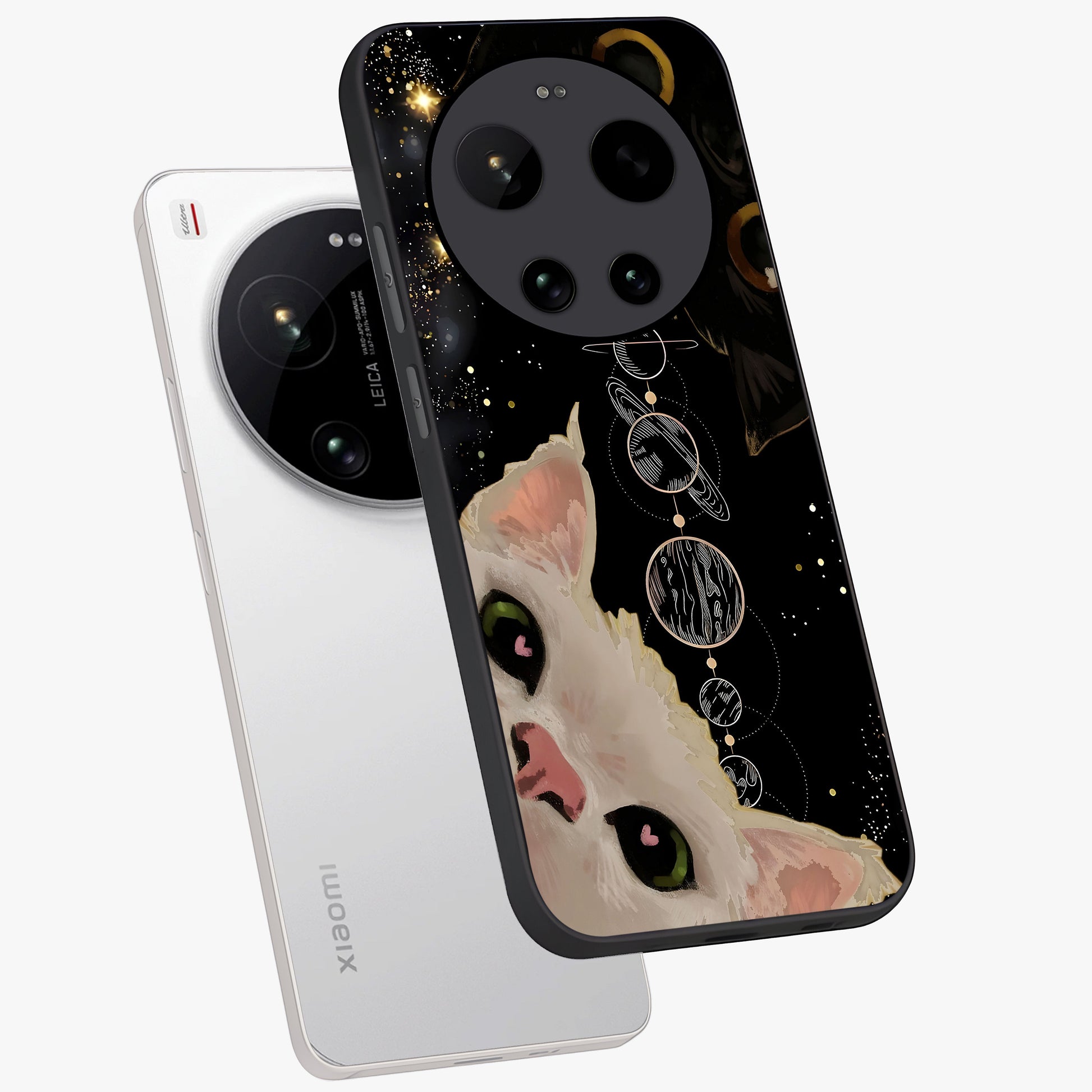 Galactic Cat Glass Case displayed in angled mockup highlighting celestial feline illustration with galaxy aesthetic style.