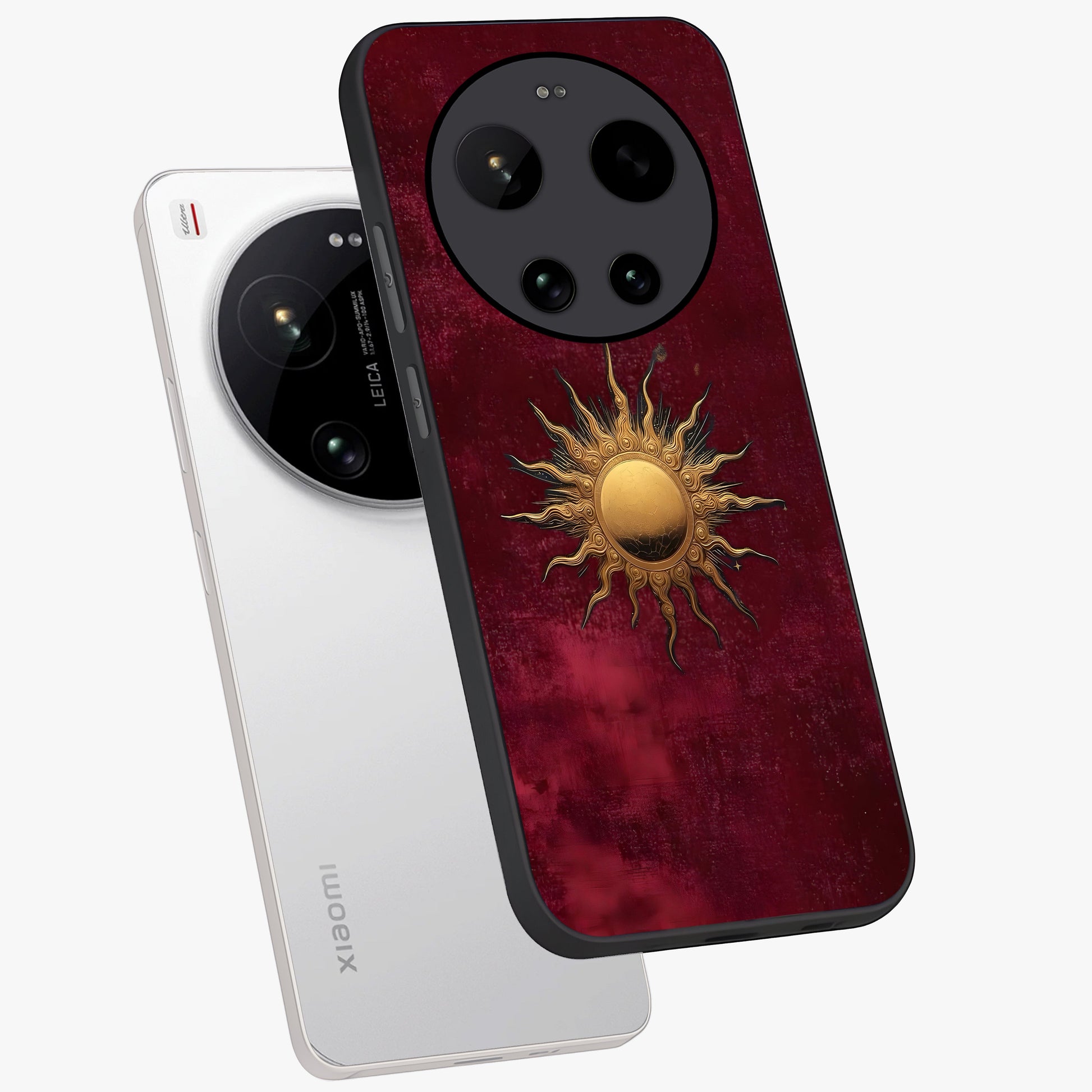 Golden Sun Minimalism Glass Case displayed in angled mockup highlighting clean sun symbol design with modern minimal aesthetic.