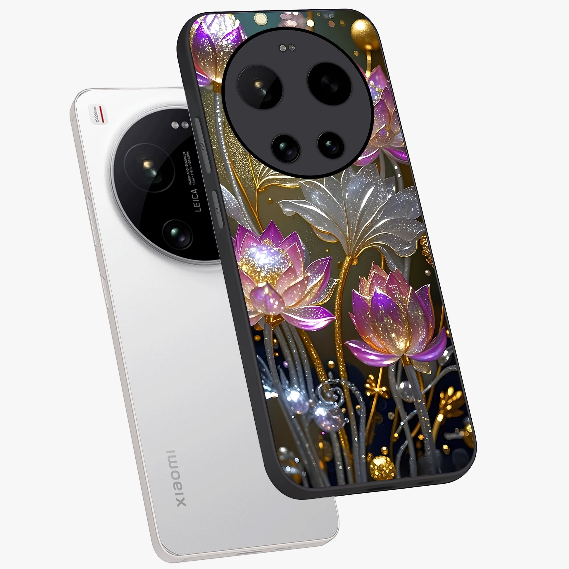 Golden Floral Majesty Glass Case displayed in angled mockup highlighting elegant flower design with royal golden aesthetic.