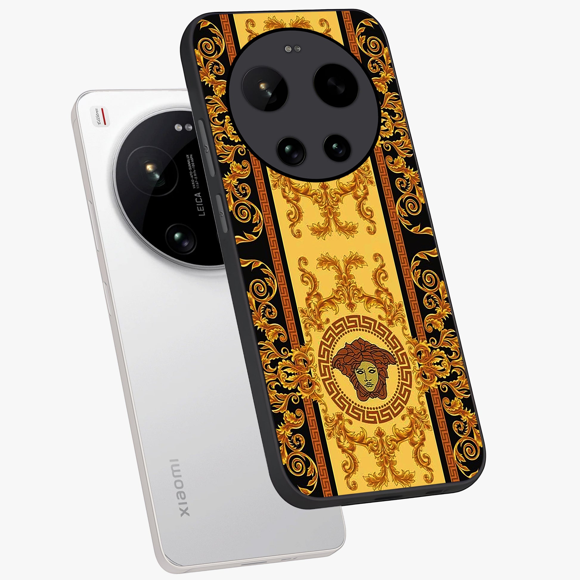 Golden Lotus Glow Glass Case displayed in angled mockup highlighting radiant lotus illustration with spiritual aesthetic.
