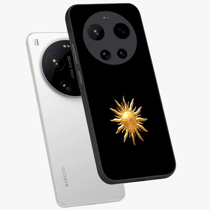 Golden Sun Minimalism Glass Case displayed in angled mockup highlighting eerie shadow illustration with gothic aesthetic.
