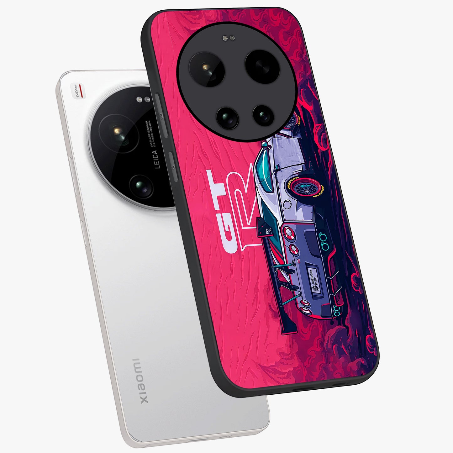 GT-R Car Pattern Glass Case displayed in angled mockup highlighting racing car graphic design with bold automotive aesthetic.