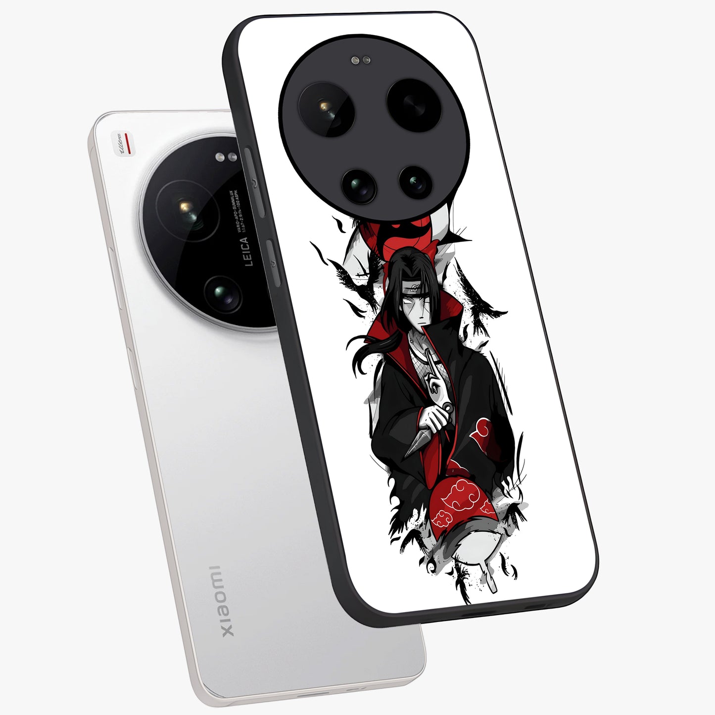 Itachi Limited Edition Naruto Anime Glass Case displayed in angled mockup highlighting dramatic anime illustration with bold action aesthetic.