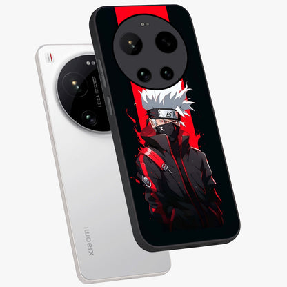 Kakashi Scarlet Shadow Glass Case displayed in angled mockup highlighting dramatic ninja illustration with scarlet themed aesthetic.