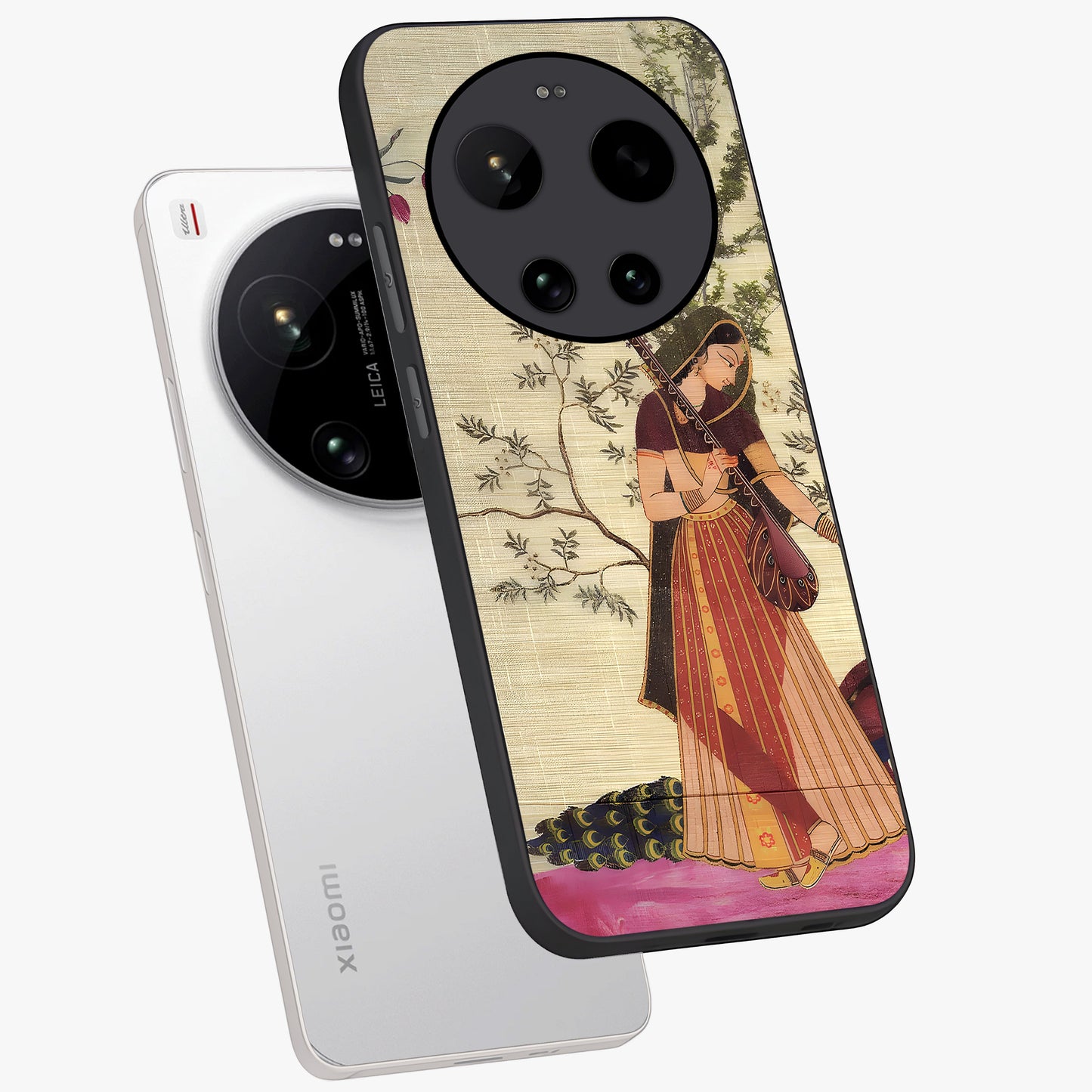 Lady With Veena Art Glass Case displayed in angled mockup highlighting graceful musical illustration with cultural artistic aesthetic.
